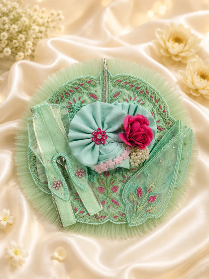 Pastel Yellow and Lime Green Laddu Gopal Dress with Heavy Pink Flower Turban Shringar Look