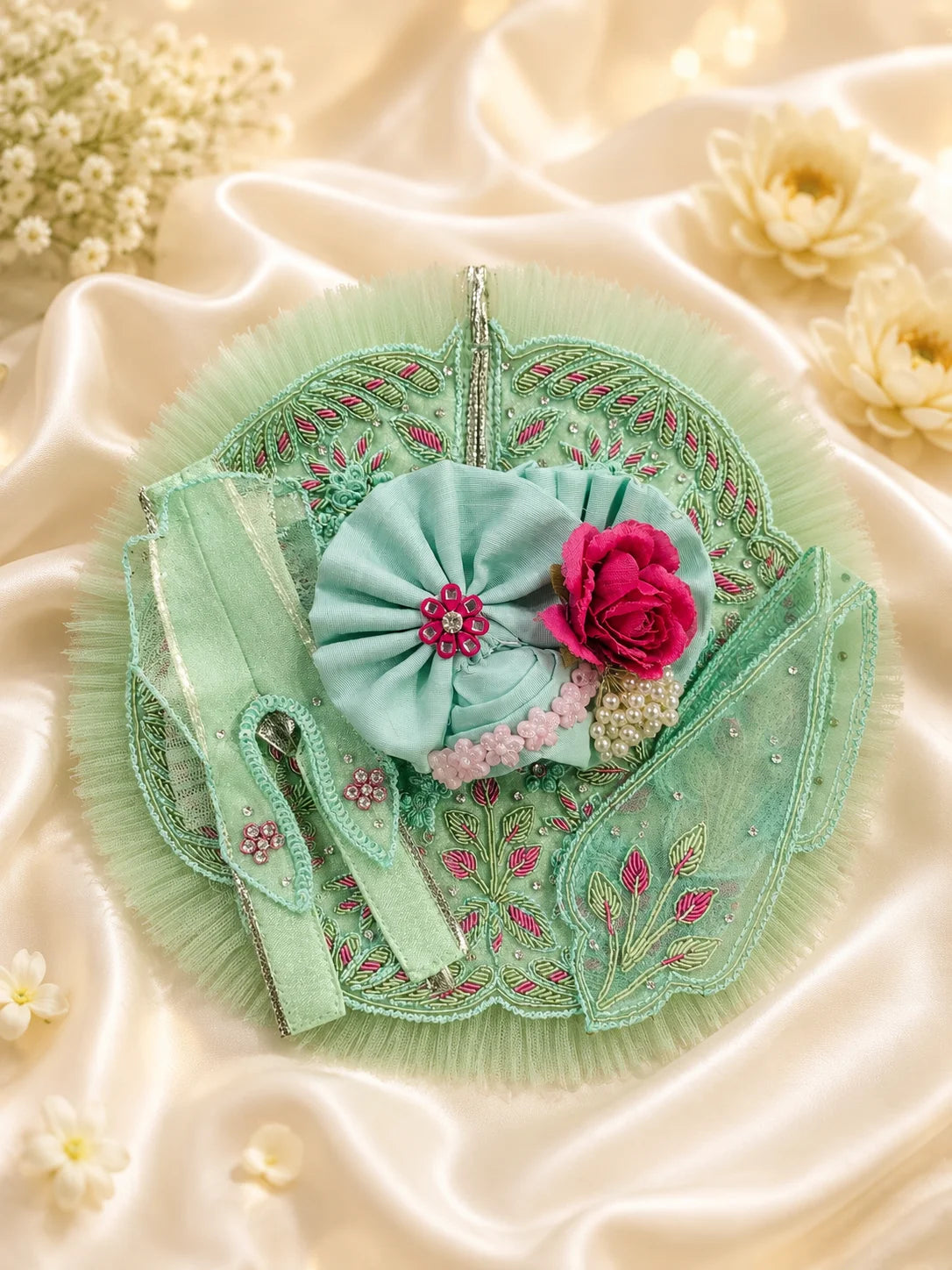 Pastel Lime Green Laddu Gopal Dress with Heavy Pink Flower Turban Shringar Look