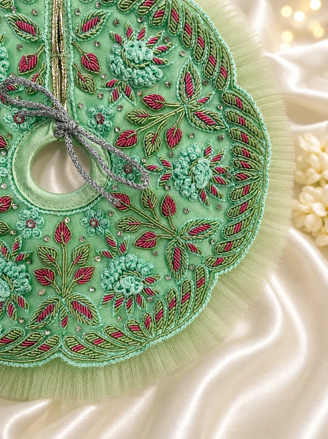 Pastel Yellow and Lime Green Laddu Gopal Dress with Heavy Pink Flower Turban Shringar Look