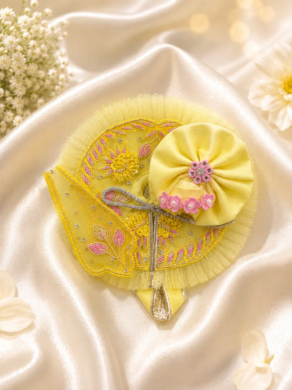 Pastel Yellow and Lime Green Laddu Gopal Dress with Heavy Pink Flower Turban Shringar Look