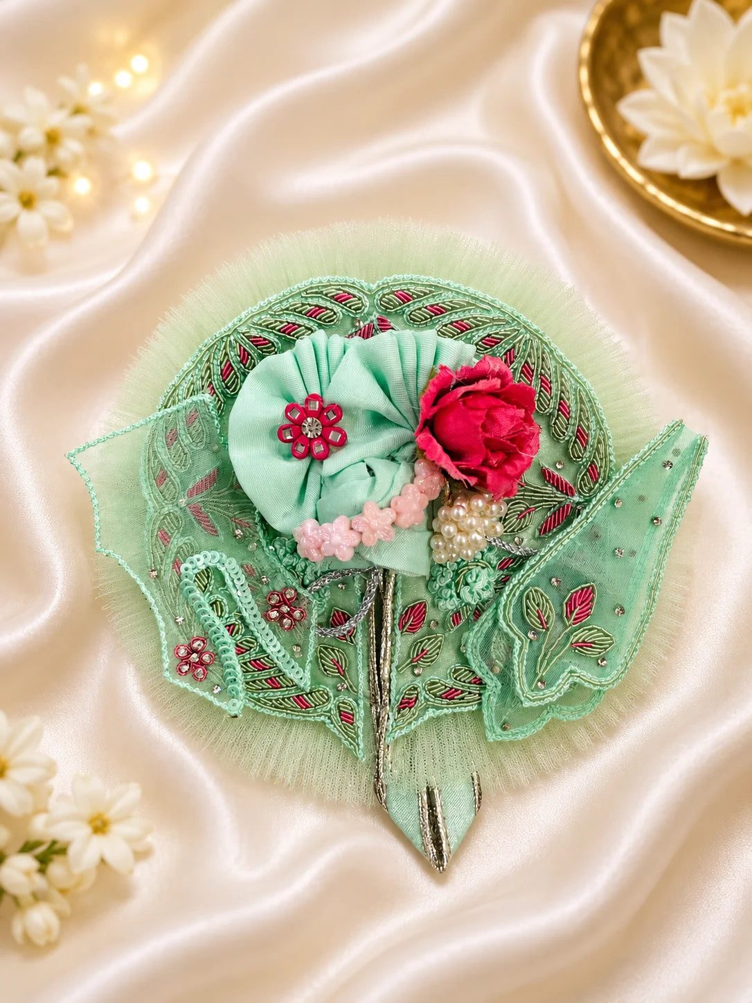 Pastel Yellow and Lime Green Laddu Gopal Dress with Heavy Pink Flower Turban Shringar Look