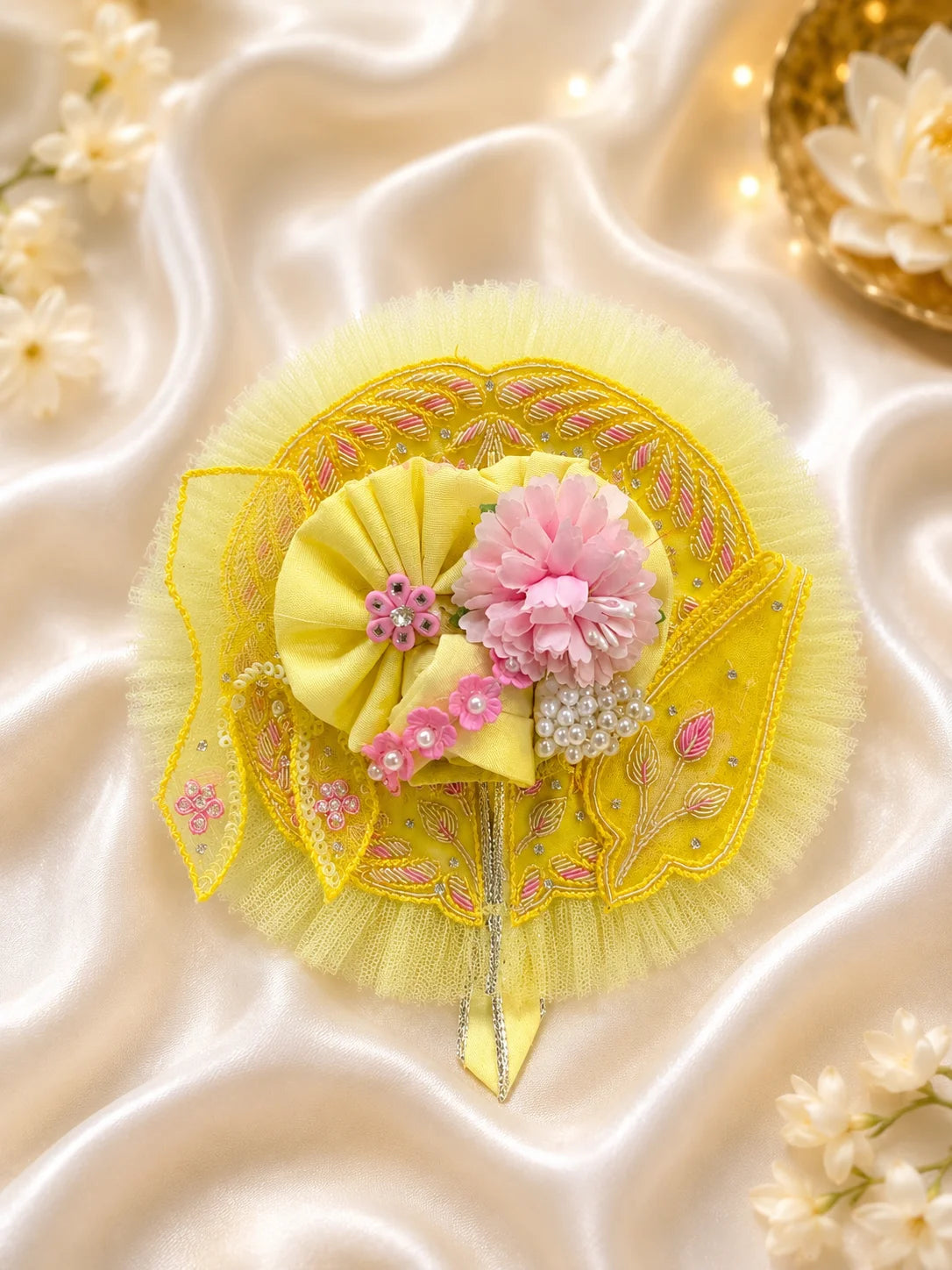 Pastel Yellow and Lime Green Laddu Gopal Dress with Heavy Pink Flower Turban Shringar Look