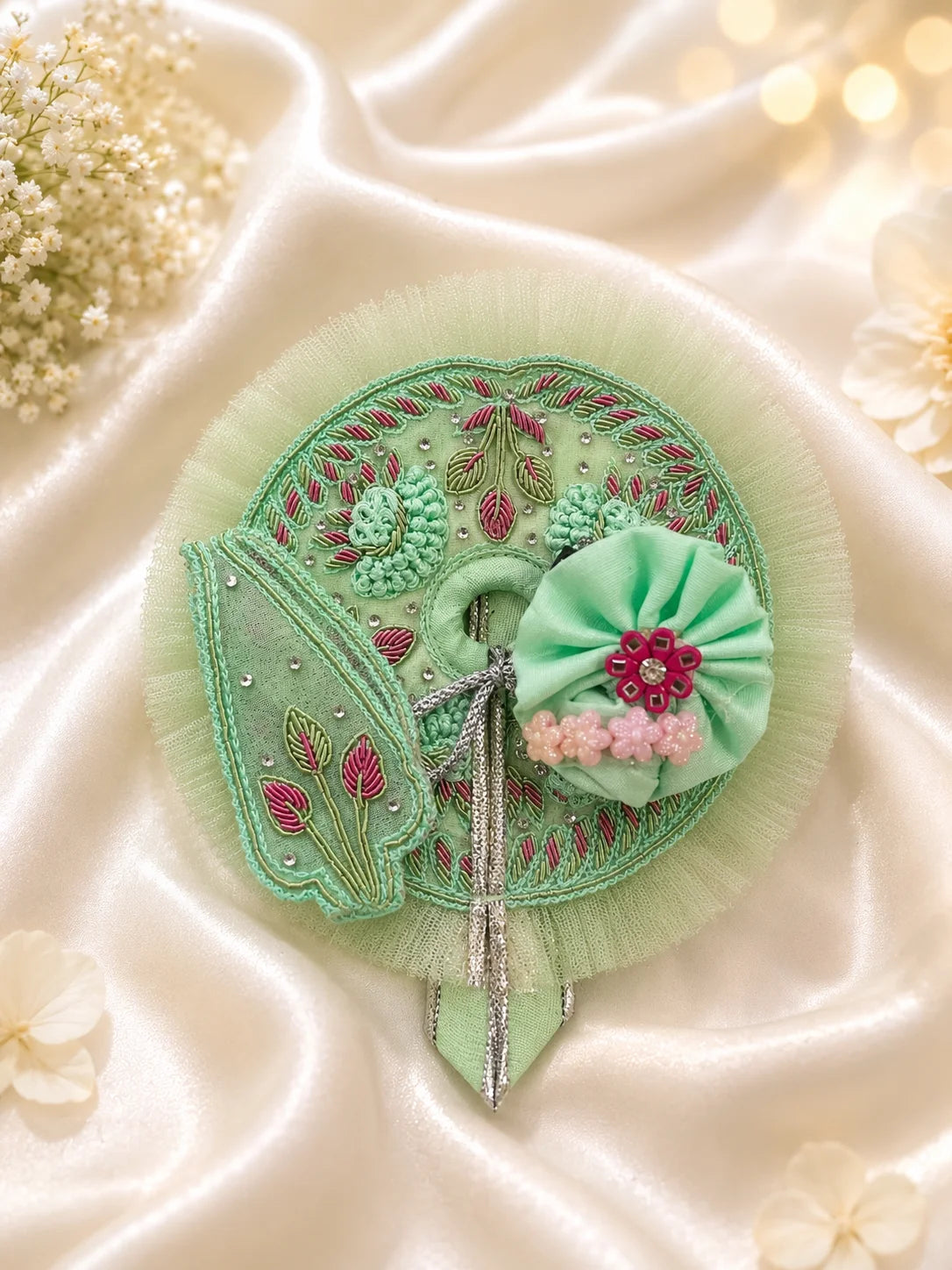 Pastel Yellow and Lime Green Laddu Gopal Dress with Heavy Pink Flower Turban Shringar Look