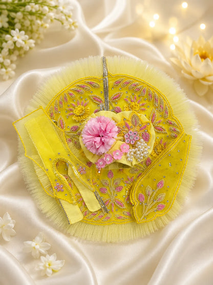 Pastel Yellow and Lime Green Laddu Gopal Dress with Heavy Pink Flower Turban Shringar Look