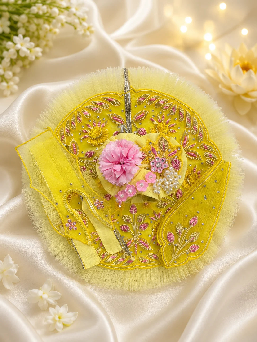 Pastel Yellow and Lime Green Laddu Gopal Dress with Heavy Pink Flower Turban Shringar Look