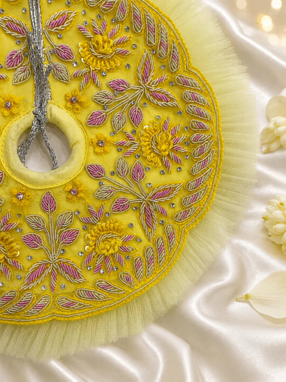 Pastel Yellow and Lime Green Laddu Gopal Dress with Heavy Pink Flower Turban Shringar Look