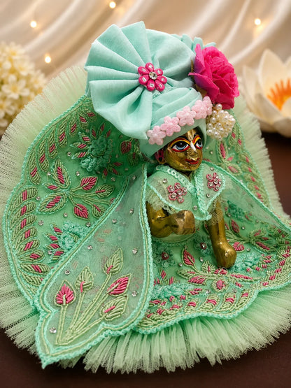 Pastel Lime Green Laddu Gopal Dress with Heavy Pink Flower Turban Shringar Look