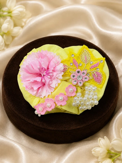 Pastel Yellow Laddu Gopal Dress with Heavy Pink Flower Turban Shringar Look