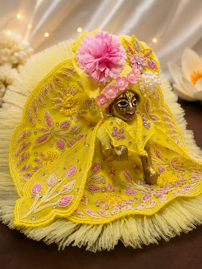 Pastel Yellow Laddu Gopal Dress with Heavy Pink Flower Turban Shringar Look