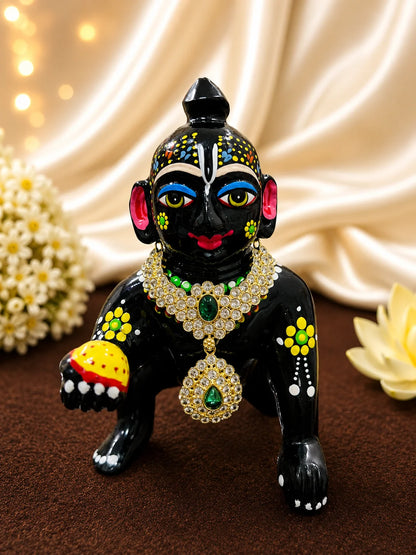 Premium gold plated Emerald Teardrop Jadaau necklace with white American Diamonds and green gemstones for Laddu Gopal deity shringar