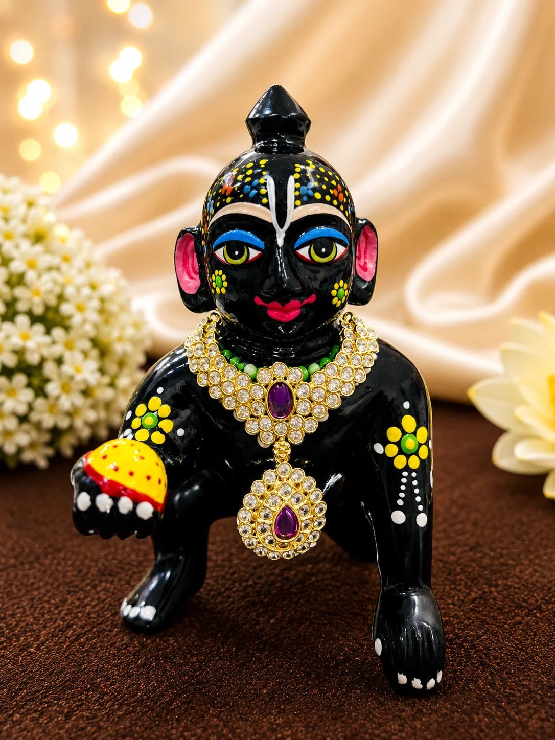 Premium gold plated Emerald Teardrop Jadaau necklace with white American Diamonds and green gemstones for Laddu Gopal deity shringar