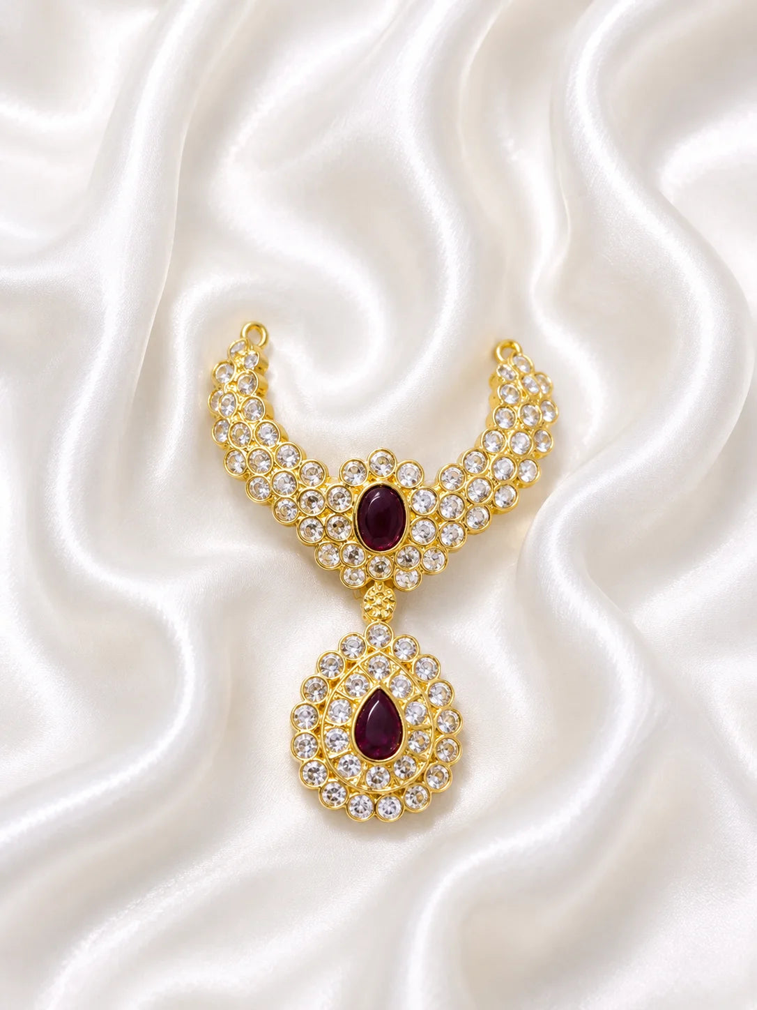 Premium gold plated Emerald Teardrop Jadaau necklace with white American Diamonds and green gemstones for Laddu Gopal deity shringar