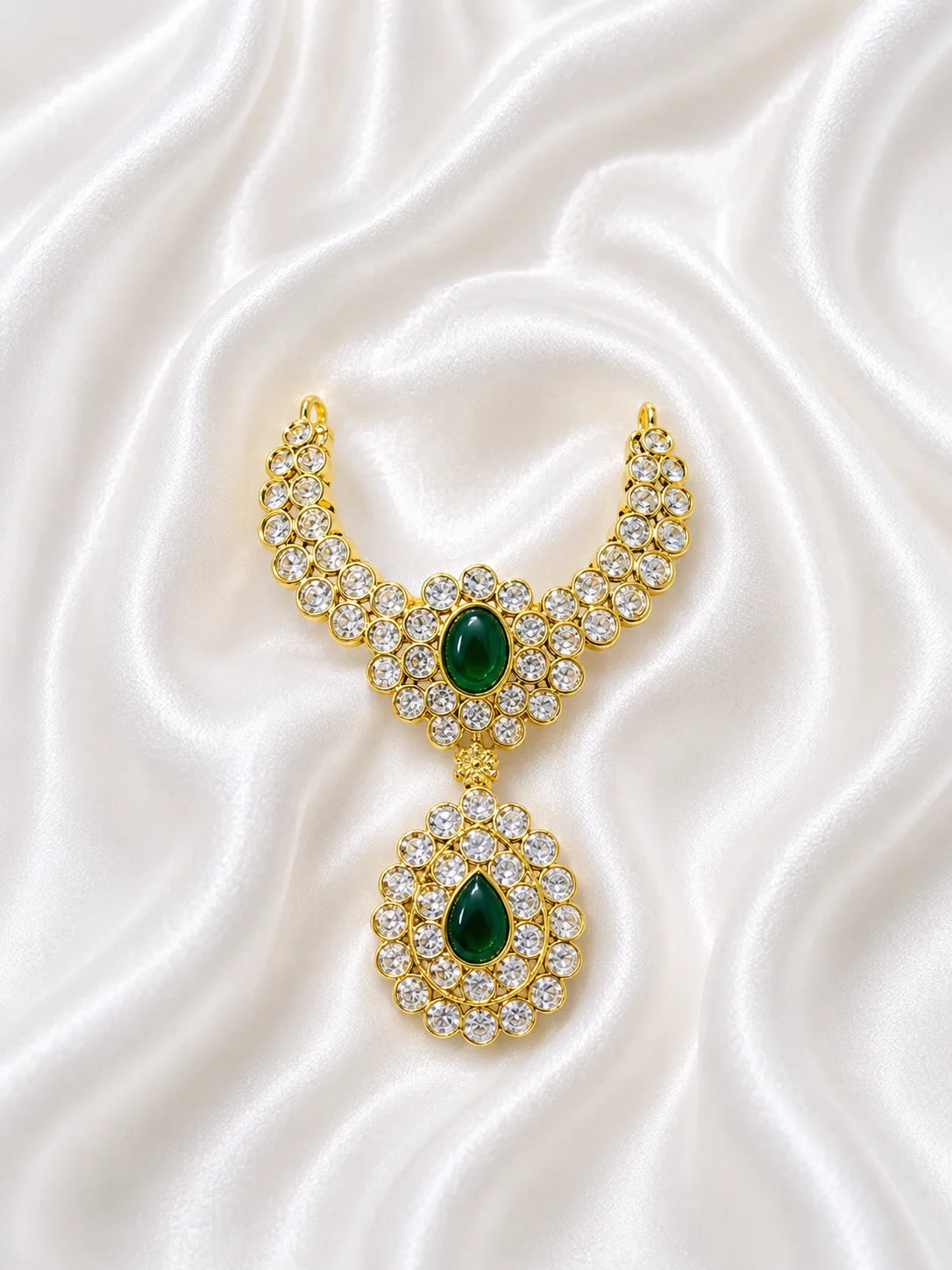 Premium gold plated Emerald Teardrop Jadaau necklace with white American Diamonds and green gemstones for Laddu Gopal deity shringar