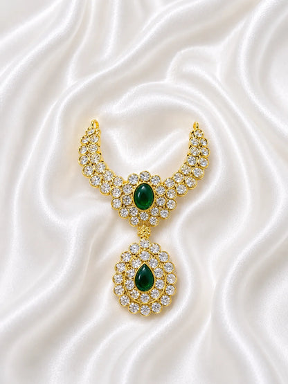 Premium gold plated Emerald Teardrop Jadaau necklace with white American Diamonds and green gemstones for Laddu Gopal deity shringar