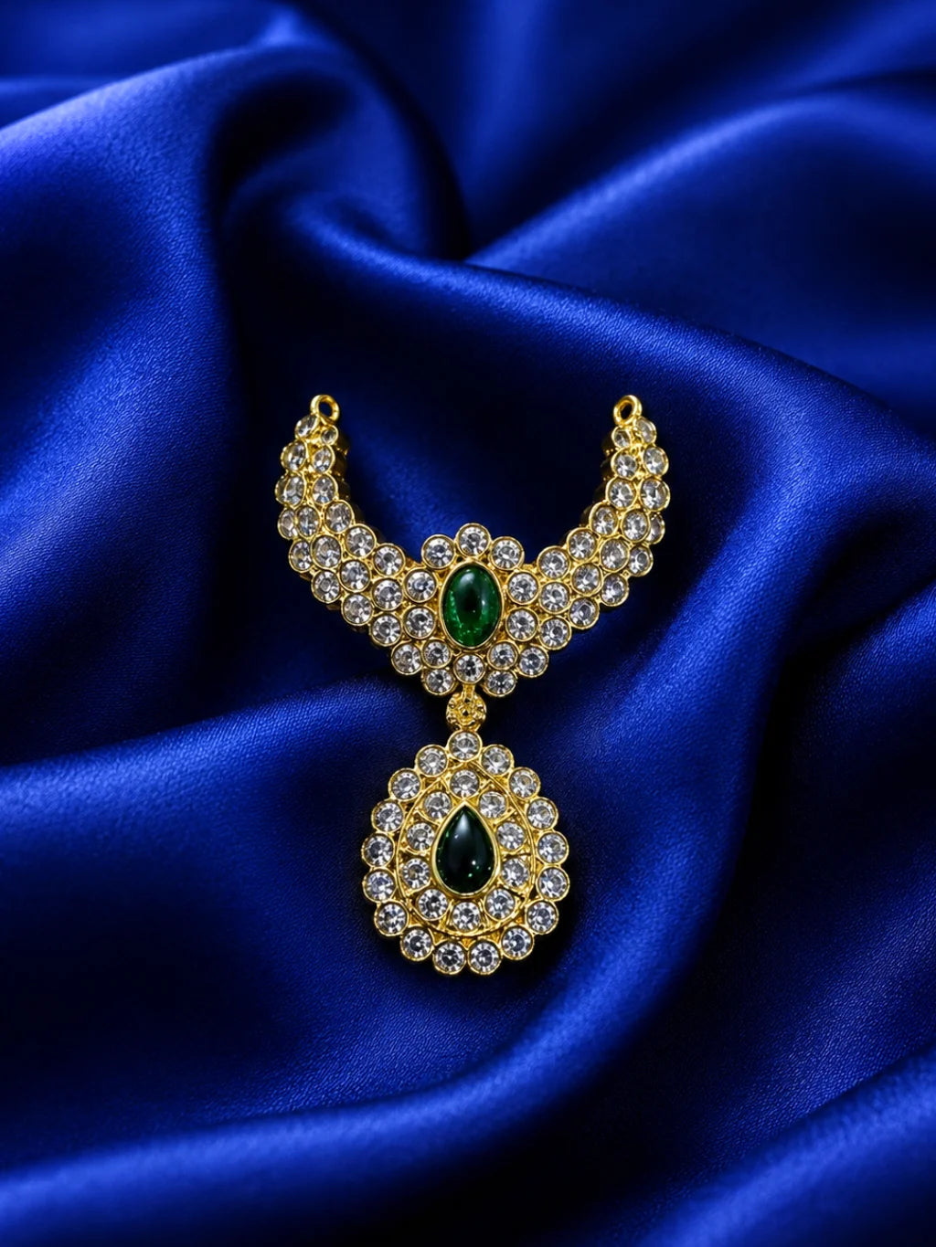 Premium gold plated Emerald Teardrop Jadaau necklace with white American Diamonds and green gemstones for Laddu Gopal deity shringar