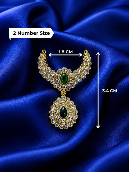 Premium gold plated Emerald Teardrop Jadaau necklace with white American Diamonds and green gemstones for Laddu Gopal deity shringar
