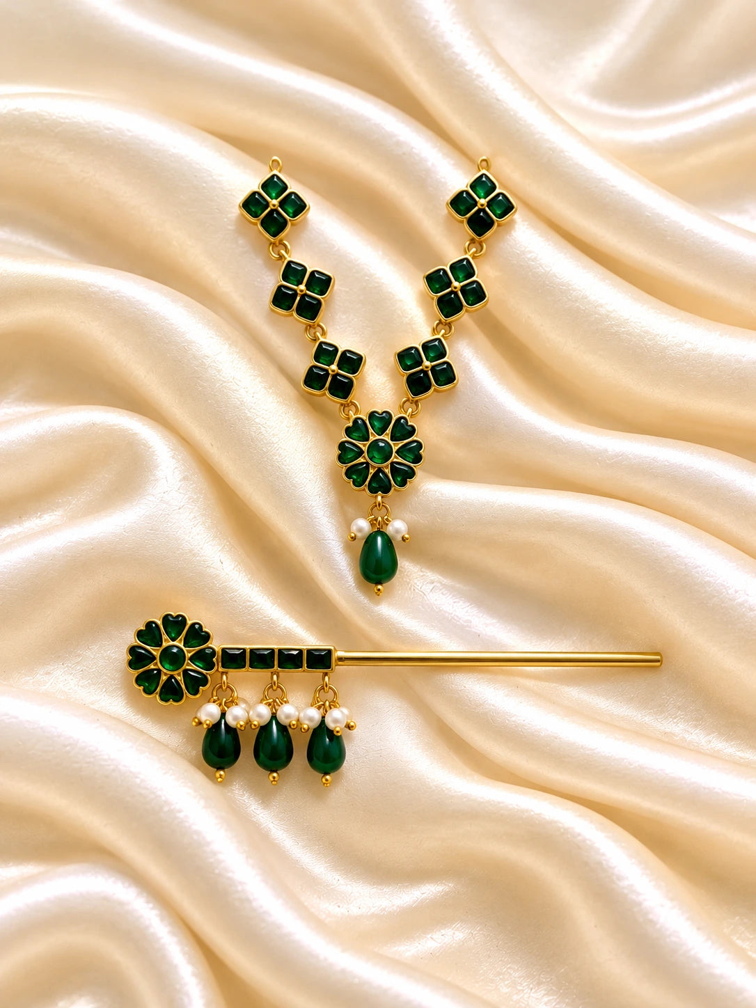 Panna Kusum Necklace and Bansuri Set for Deity featuring emerald-green inspired floral jewellery and a matching decorative Krishna flute for Laddu Gopal shringar
