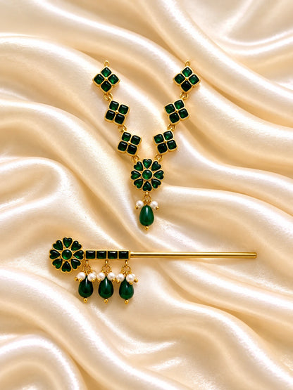 Panna Kusum Necklace and Bansuri Set for Deity featuring emerald-green inspired floral jewellery and a matching decorative Krishna flute for Laddu Gopal shringar
