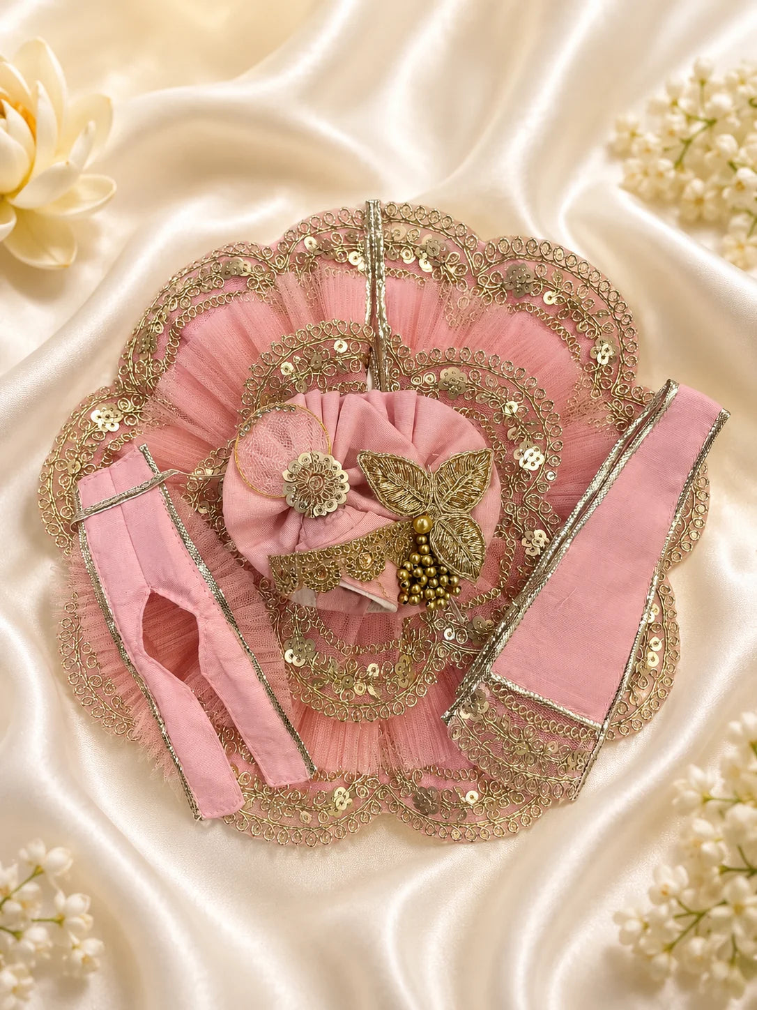 Complete Powder Pink Layered Net Laddu Gopal Dress Set with Matching Patka and Turban

