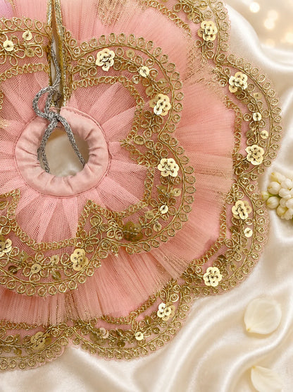 Close Up of Intricate Gold Zari Loop Lace and Flower Sequins on Powder Pink Net Laddu Gopal Dress

