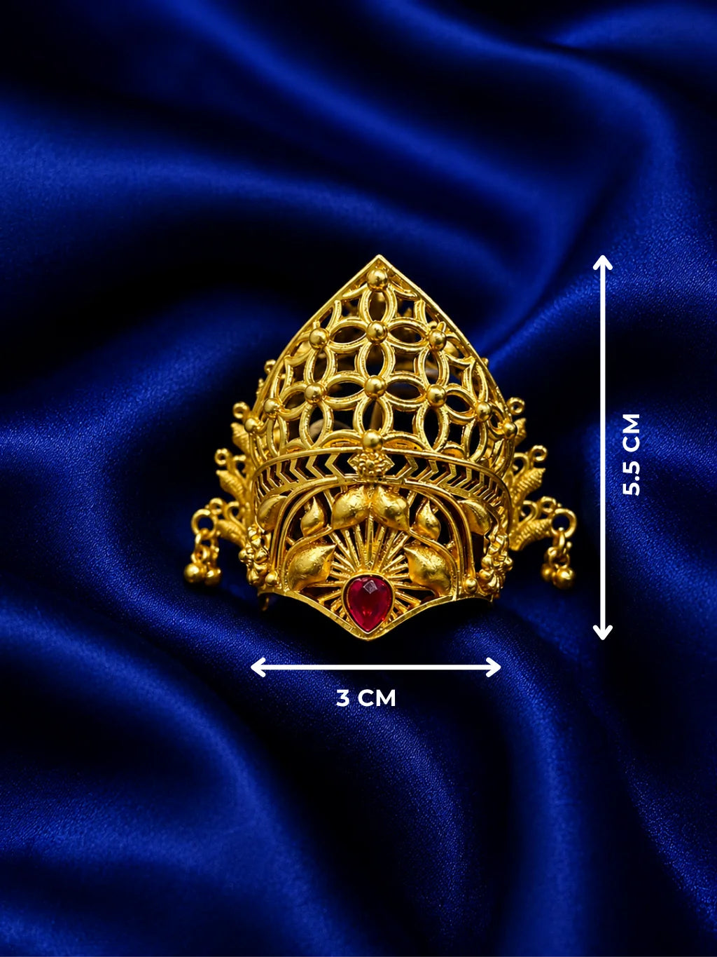 Premium gold plated Net Dome filigree mukut crown with white American Diamonds and dangling side ghungroo bells for Laddu Gopal deity shringar
