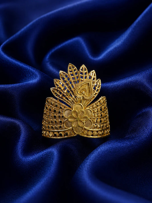 Gold-plated peacock mukut crown for deity with elegant peacock-inspired design