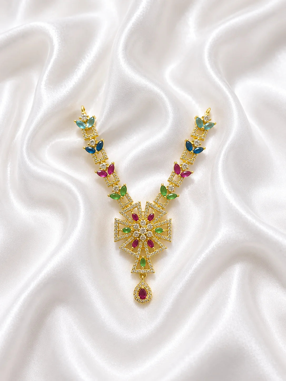 Elegant Golden AD Necklace for Laddu Gopal with sparkling American diamond stones and silver finish