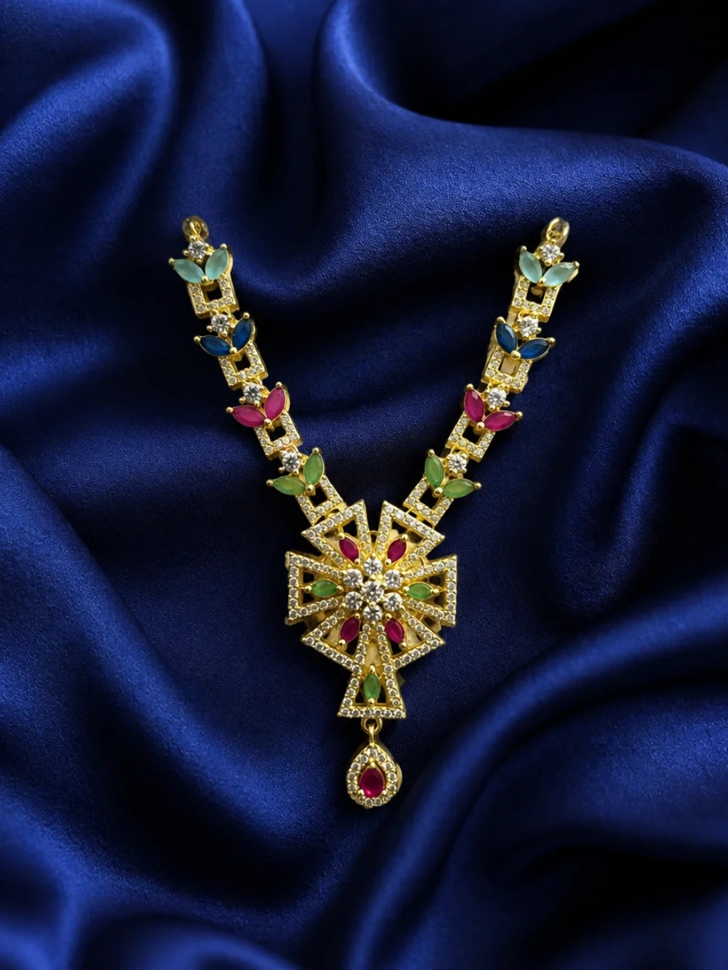 Elegant Golden AD Necklace for Laddu Gopal with sparkling American diamond stones and silver finish