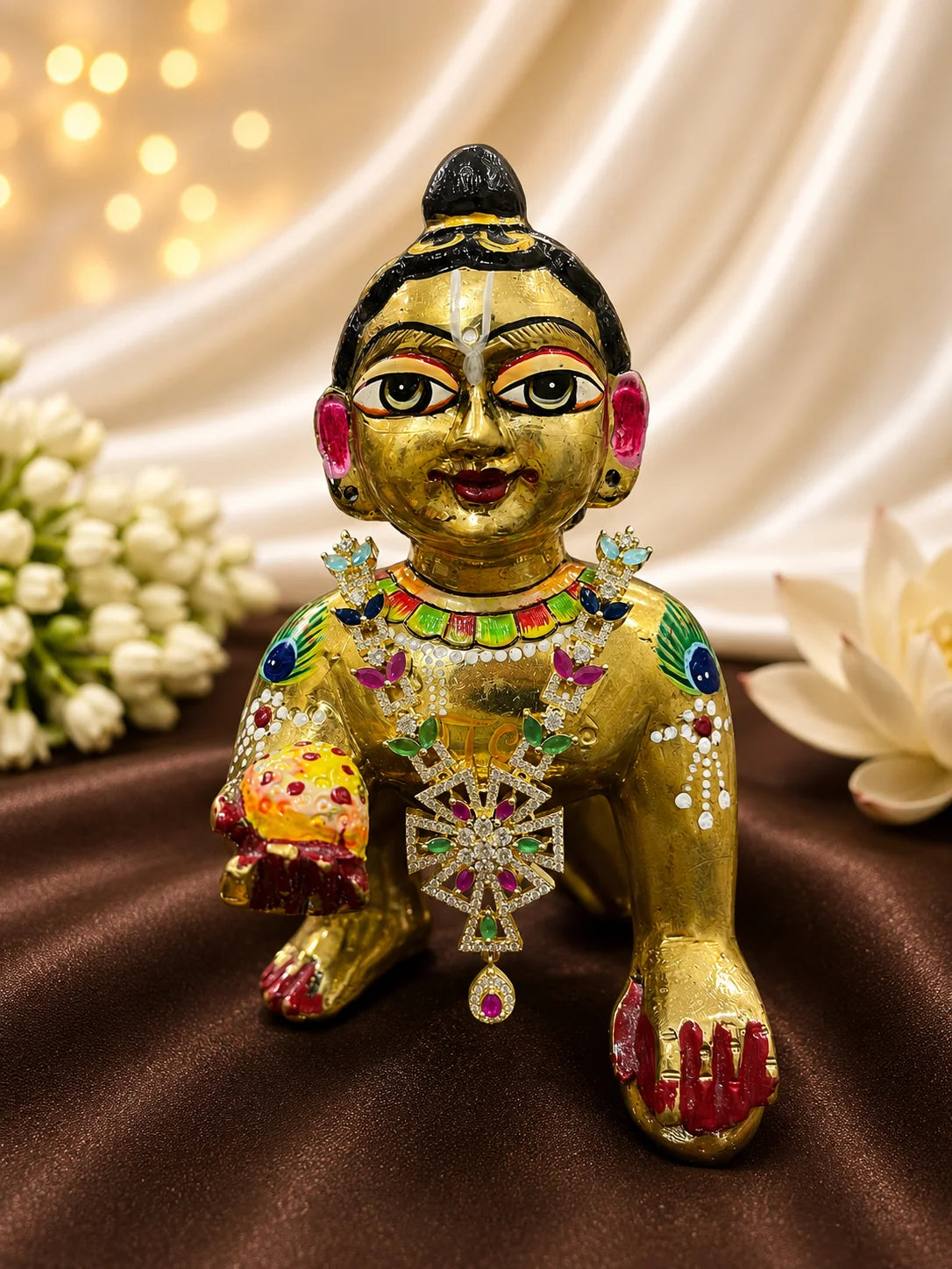 Elegant Golden AD Necklace for Laddu Gopal with sparkling American diamond stones and silver finish