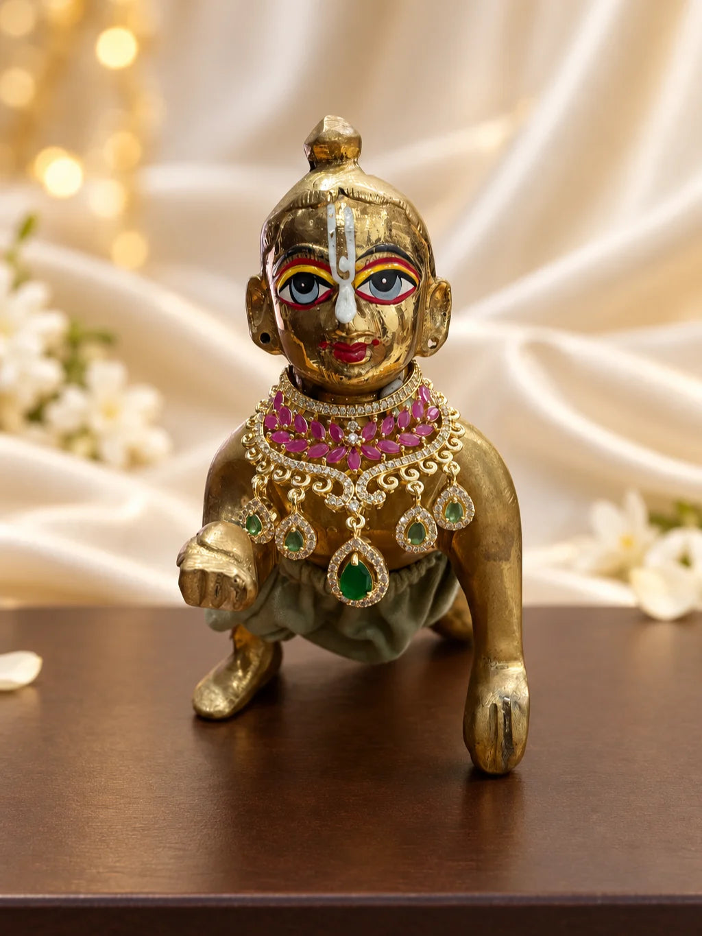 Gulnaar Ratna AD Necklace for Deity with rich jewel-inspired accents and sparkling AD work. An elegant necklace for Laddu Gopal and festive shringar.
