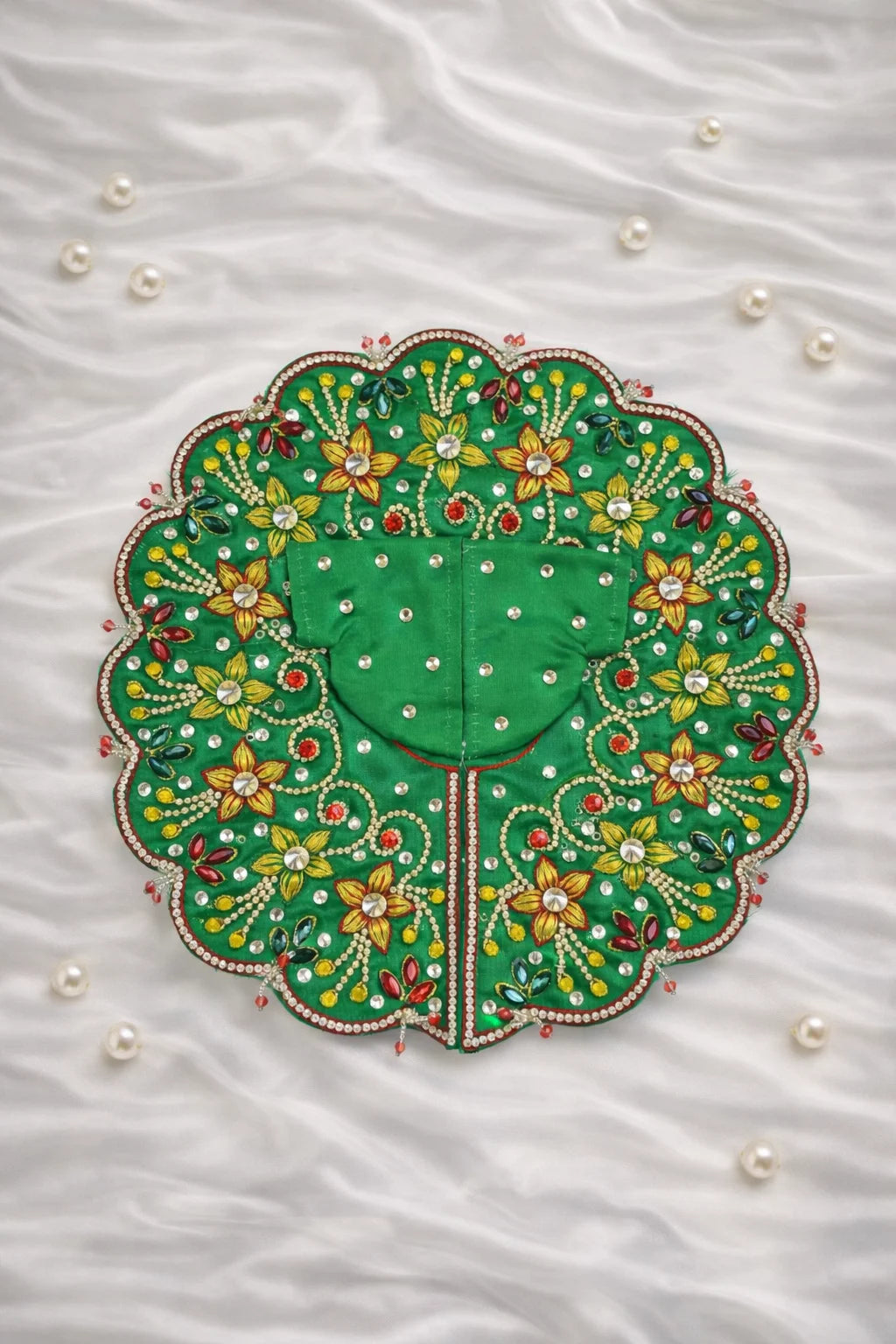 Green handcrafted Laddu Gopal dress with floral stone work. Premium quality zari work laddu gopal poshak.