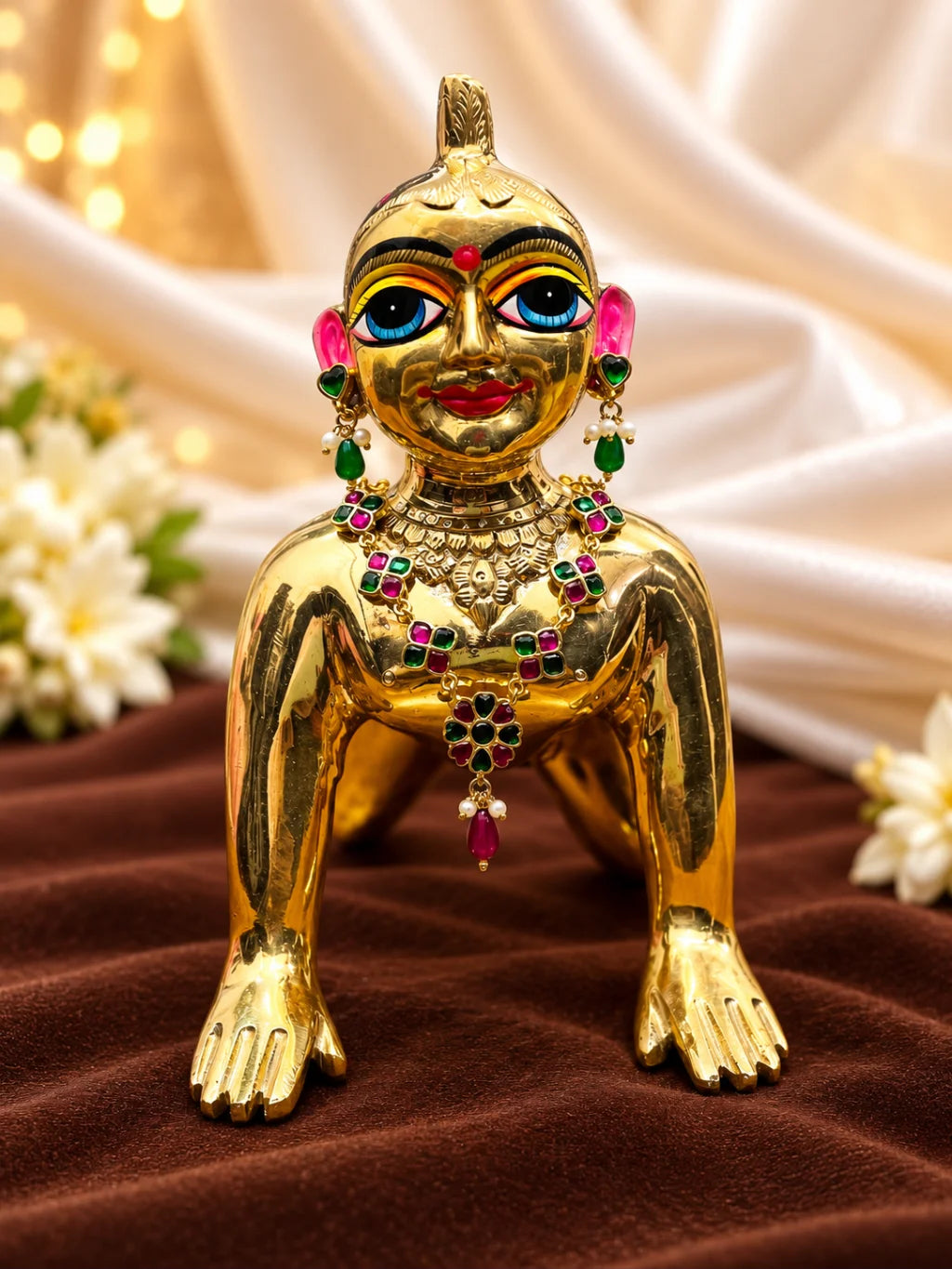 Harit Hridaya Necklace and Earrings Set for Deity featuring green heart-inspired ornamental styling with a matching necklace and earrings for traditional Laddu Gopal and Radha Rani shringar.
