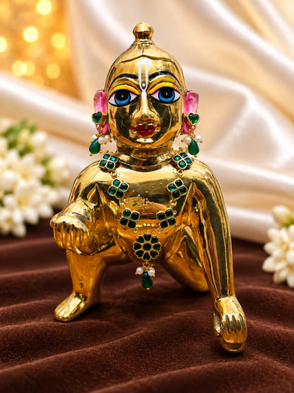 Harit Hridaya Necklace and Earrings Set for Deity featuring green heart-inspired ornamental styling with a matching necklace and earrings for traditional Laddu Gopal and Radha Rani shringar.
