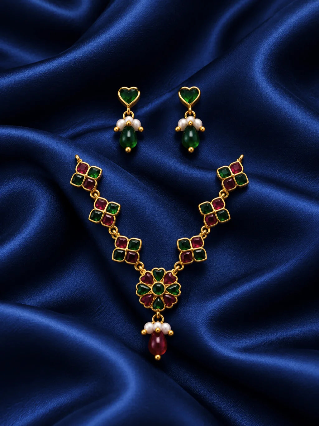 Harit Hridaya Necklace and Earrings Set for Deity featuring green heart-inspired ornamental styling with a matching necklace and earrings for traditional Laddu Gopal and Radha Rani shringar.
