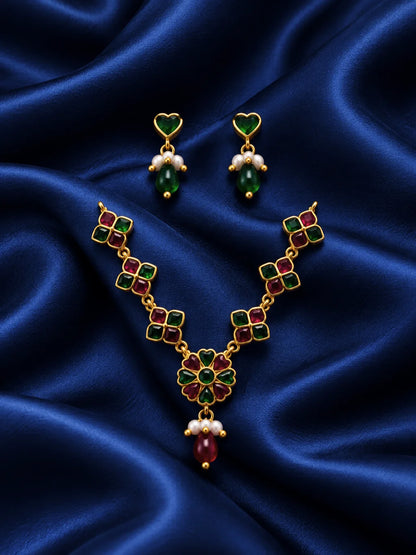 Harit Hridaya Necklace and Earrings Set for Deity featuring green heart-inspired ornamental styling with a matching necklace and earrings for traditional Laddu Gopal and Radha Rani shringar.
