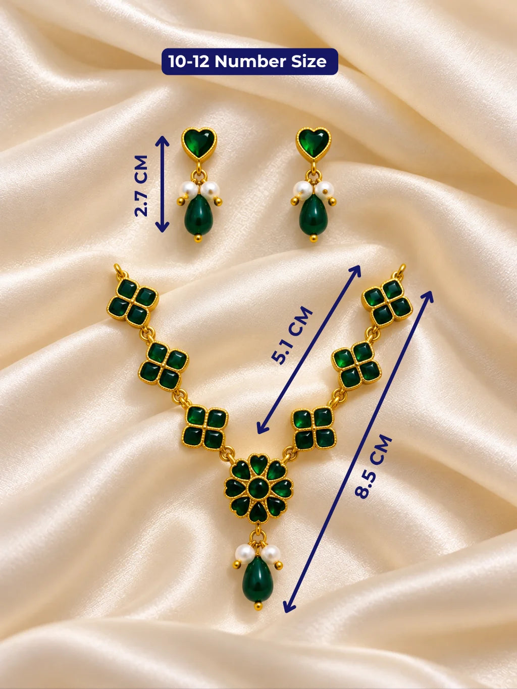 Harit Hridaya Necklace and Earrings Set for Deity featuring green heart-inspired ornamental styling with a matching necklace and earrings for traditional Laddu Gopal and Radha Rani shringar.
