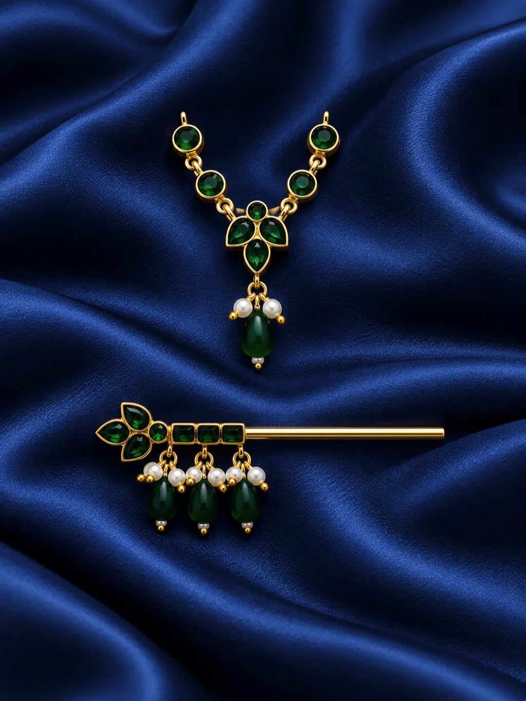 Harit Kusumika Necklace and Bansuri Set for Deity featuring green floral-inspired jewellery and a matching decorative Krishna flute for Laddu Gopal shringar
