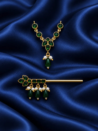 Harit Kusumika Necklace and Bansuri Set for Deity featuring green floral-inspired jewellery and a matching decorative Krishna flute for Laddu Gopal shringar
