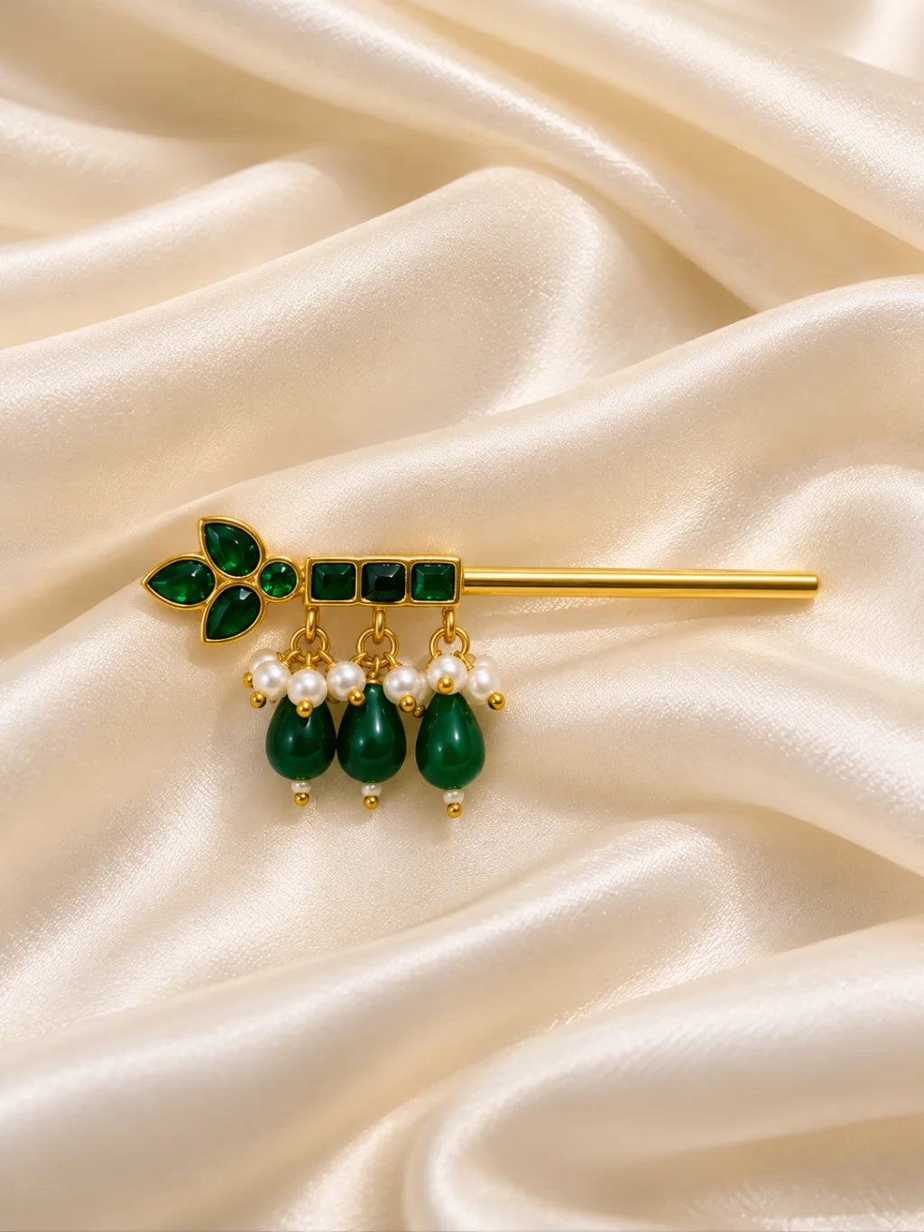 Harit Kusumika Necklace and Bansuri Set for Deity featuring green floral-inspired jewellery and a matching decorative Krishna flute for Laddu Gopal shringar
