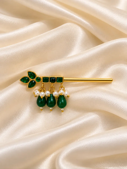 Harit Kusumika Necklace and Bansuri Set for Deity featuring green floral-inspired jewellery and a matching decorative Krishna flute for Laddu Gopal shringar
