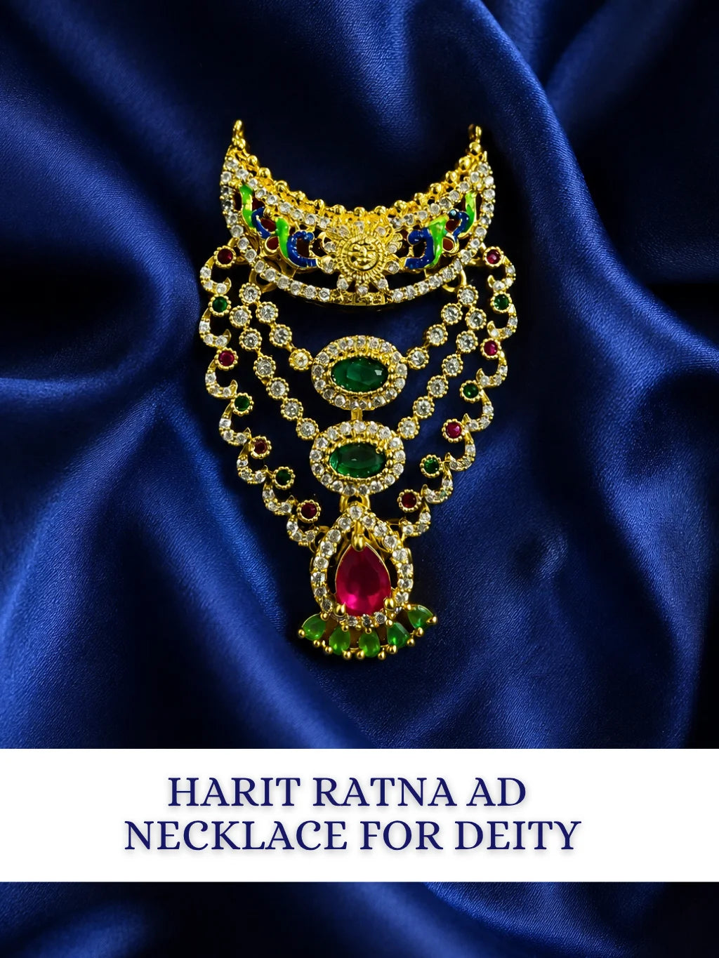 Harit Ratna AD Necklace for deity with emerald green stones and sparkling American Diamond work