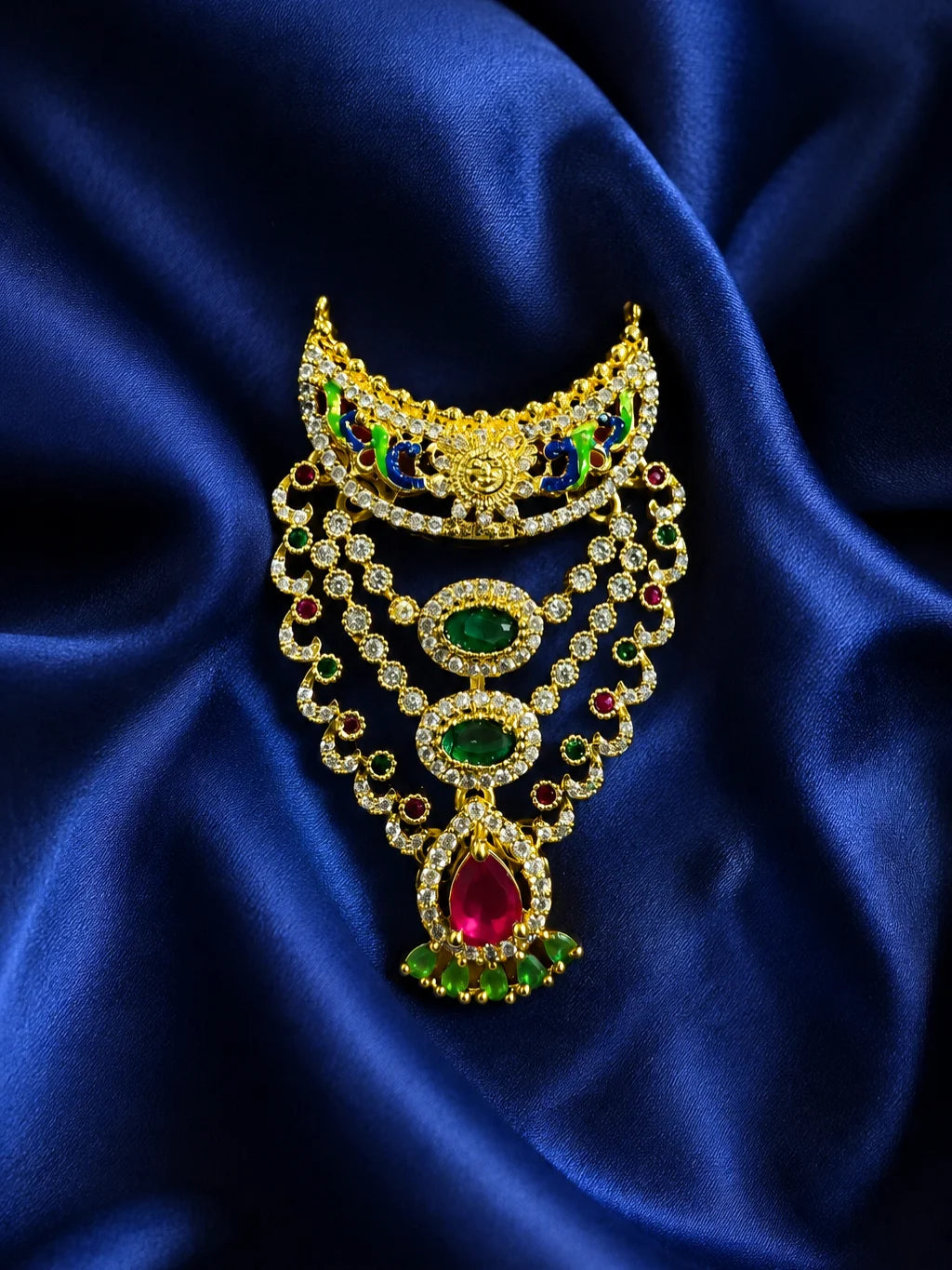 Harit Ratna AD Necklace for deity with emerald green stones and sparkling American Diamond work