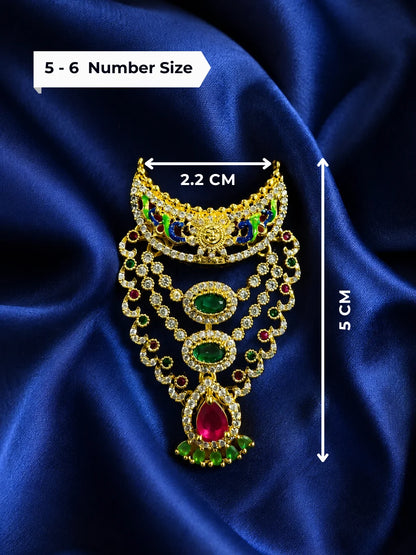 Harit Ratna AD Necklace for deity with emerald green stones and sparkling American Diamond work