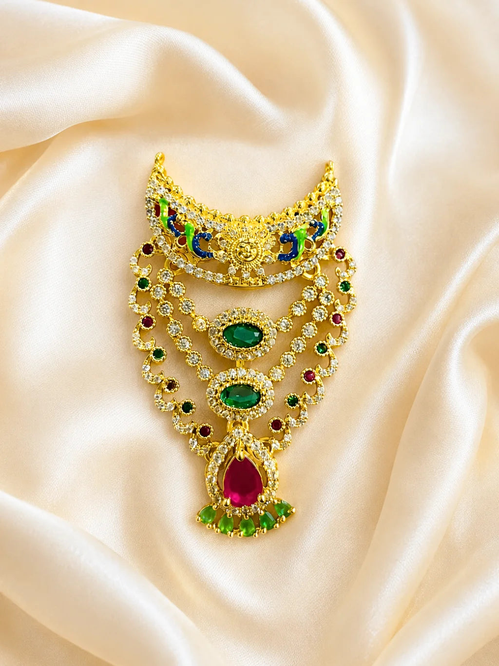 Harit Ratna AD Necklace for deity with emerald green stones and sparkling American Diamond work