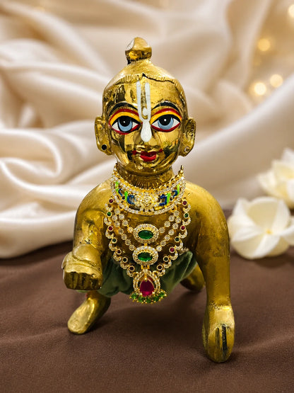 Harit Ratna AD Necklace for deity with emerald green stones and sparkling American Diamond work