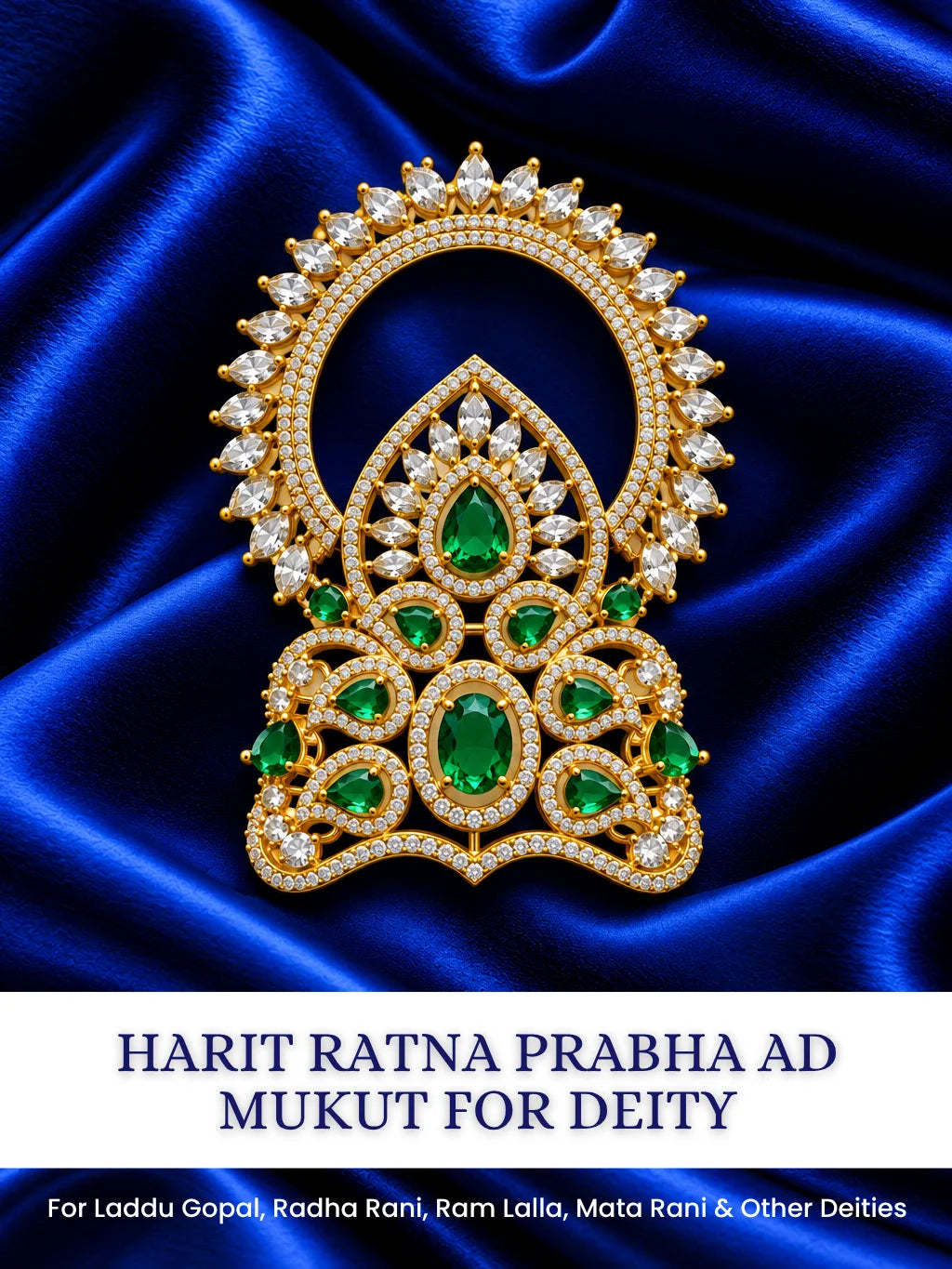 Harit Ratna Prabha AD Mukut for Deity with green jewel-inspired accents and sparkling American Diamond detailing

