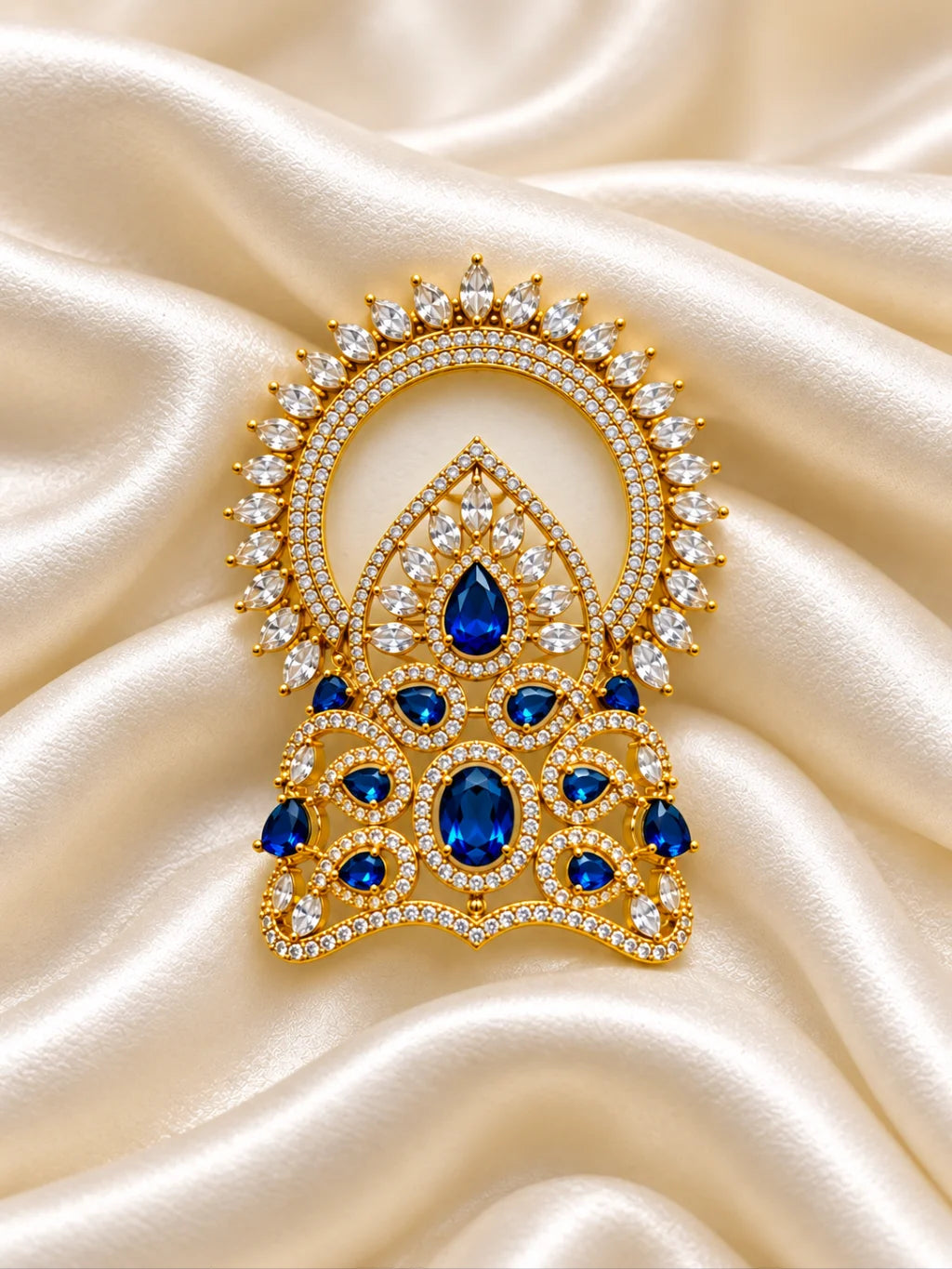Harit Ratna Prabha AD Mukut for Deity with green jewel-inspired accents and sparkling American Diamond detailing
