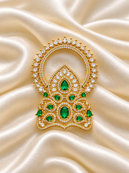 Harit Ratna Prabha AD Mukut for Deity with green jewel-inspired accents and sparkling American Diamond detailing
