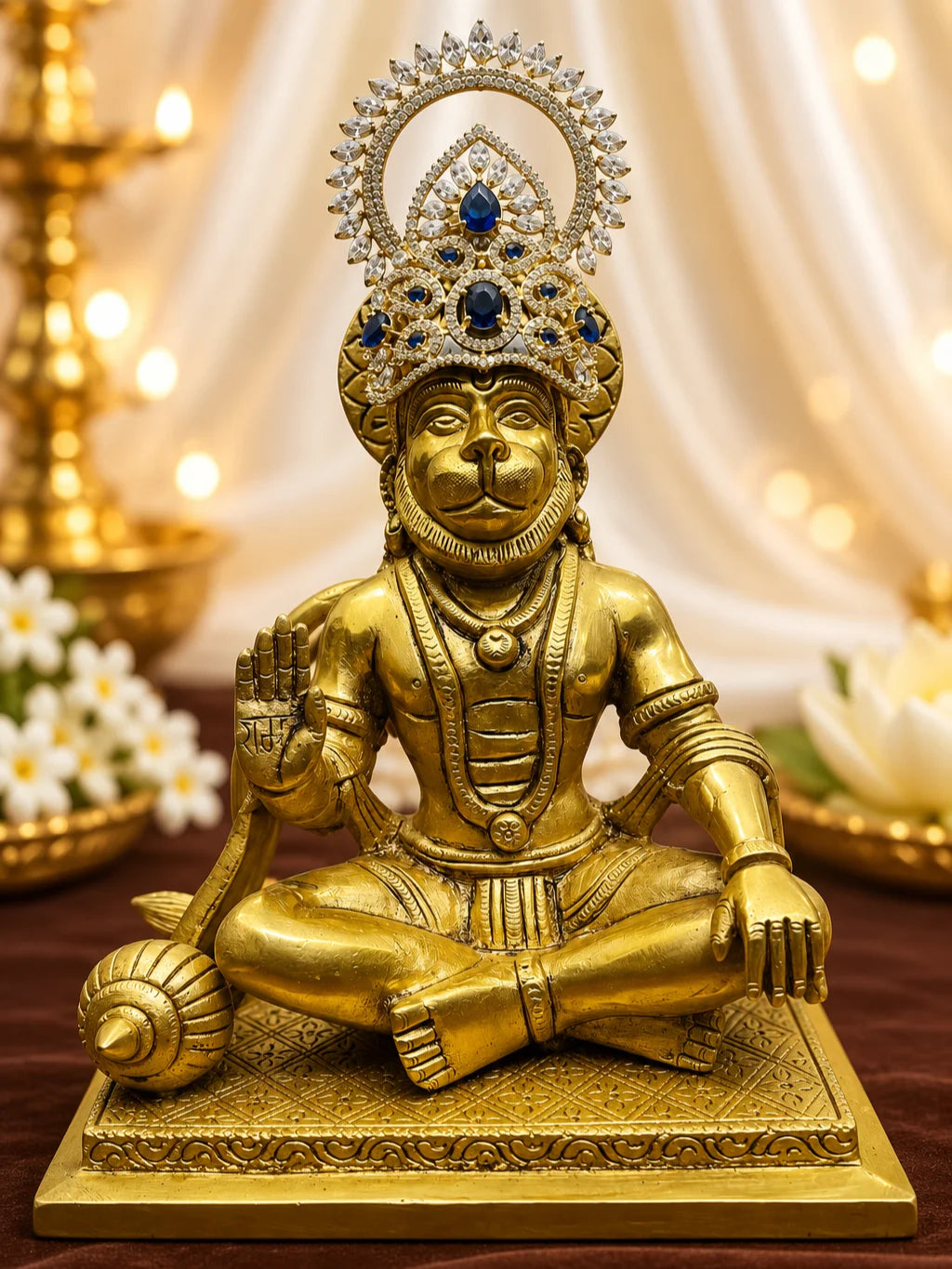 Harit Ratna Prabha AD Mukut for Deity with green jewel-inspired accents and sparkling American Diamond detailing
