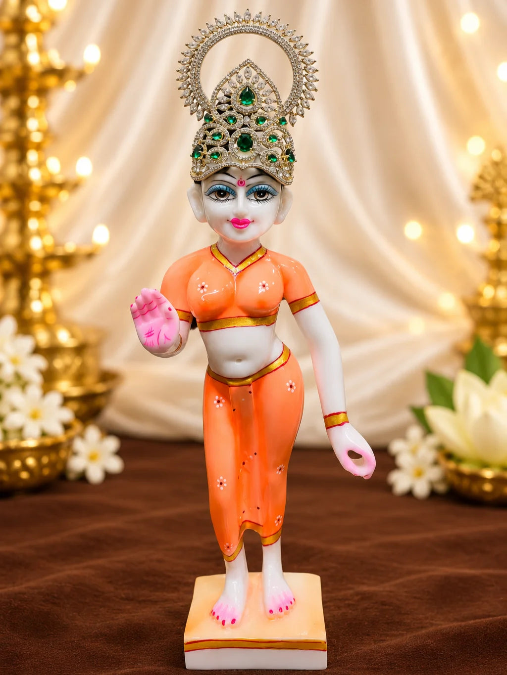 Harit Ratna Prabha AD Mukut for Deity with green jewel-inspired accents and sparkling American Diamond detailing
